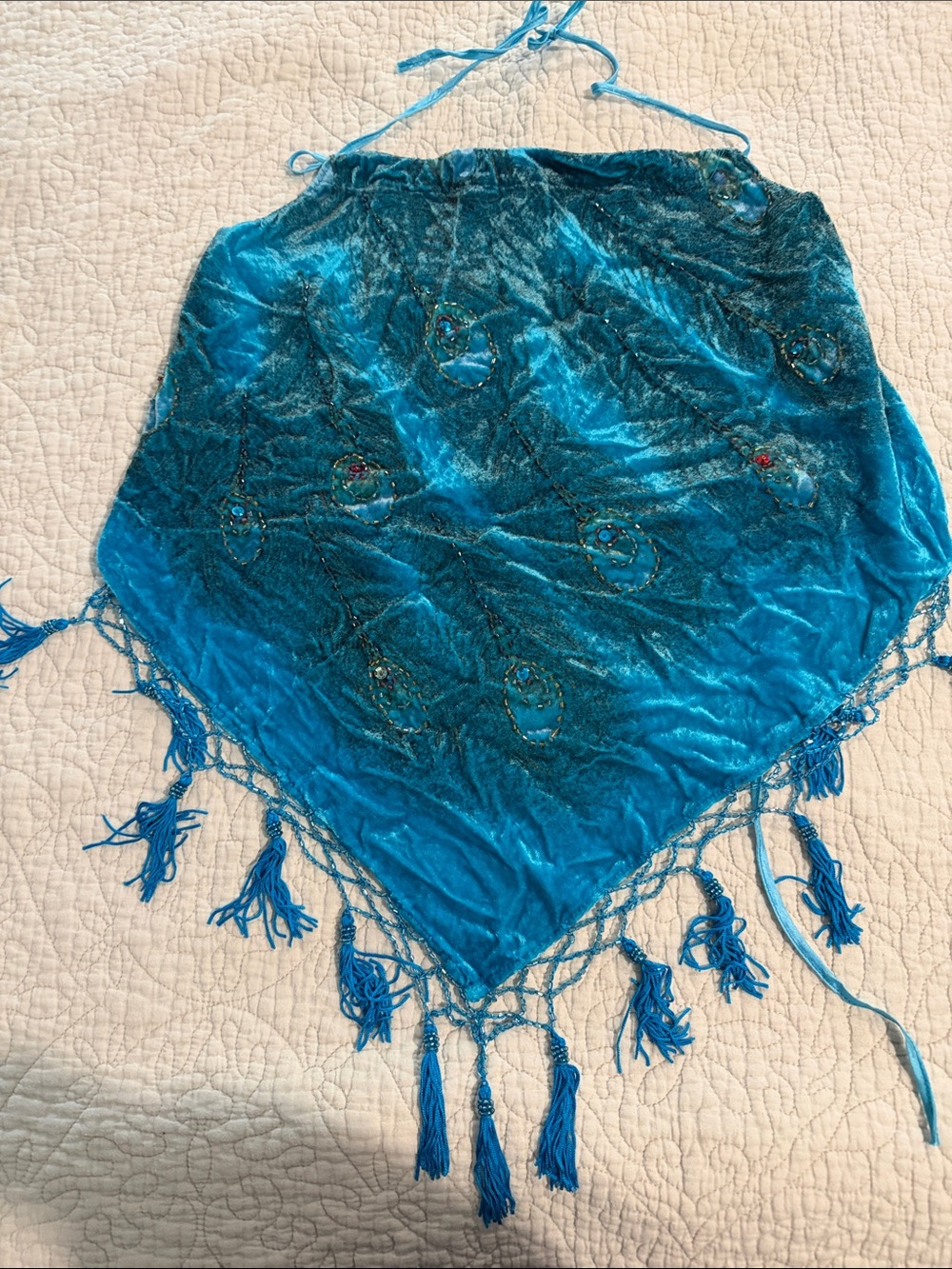 Turquoise Beaded Velvet Halter Top with Tassels